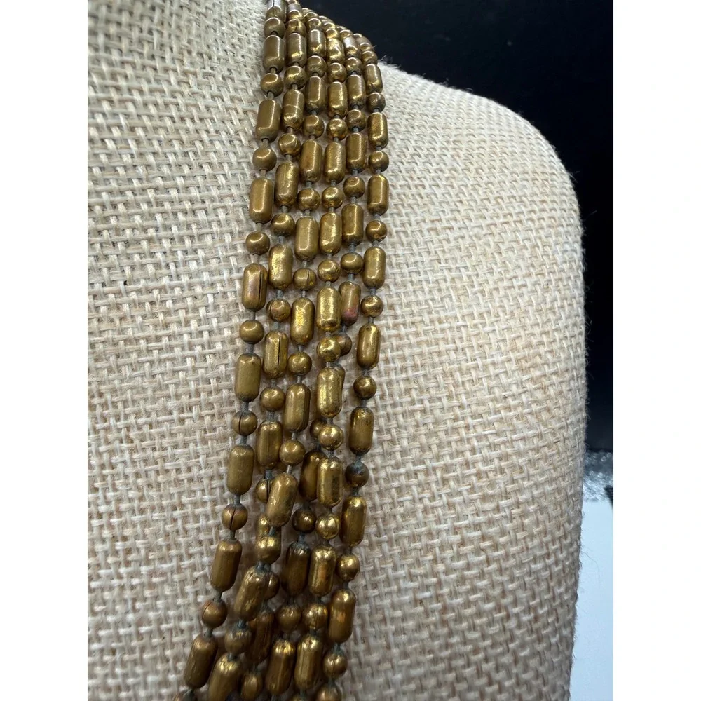 Vintage Multi Strand Brass Bead Necklace 5 Tier Layered Barrel Ball Chain 16in